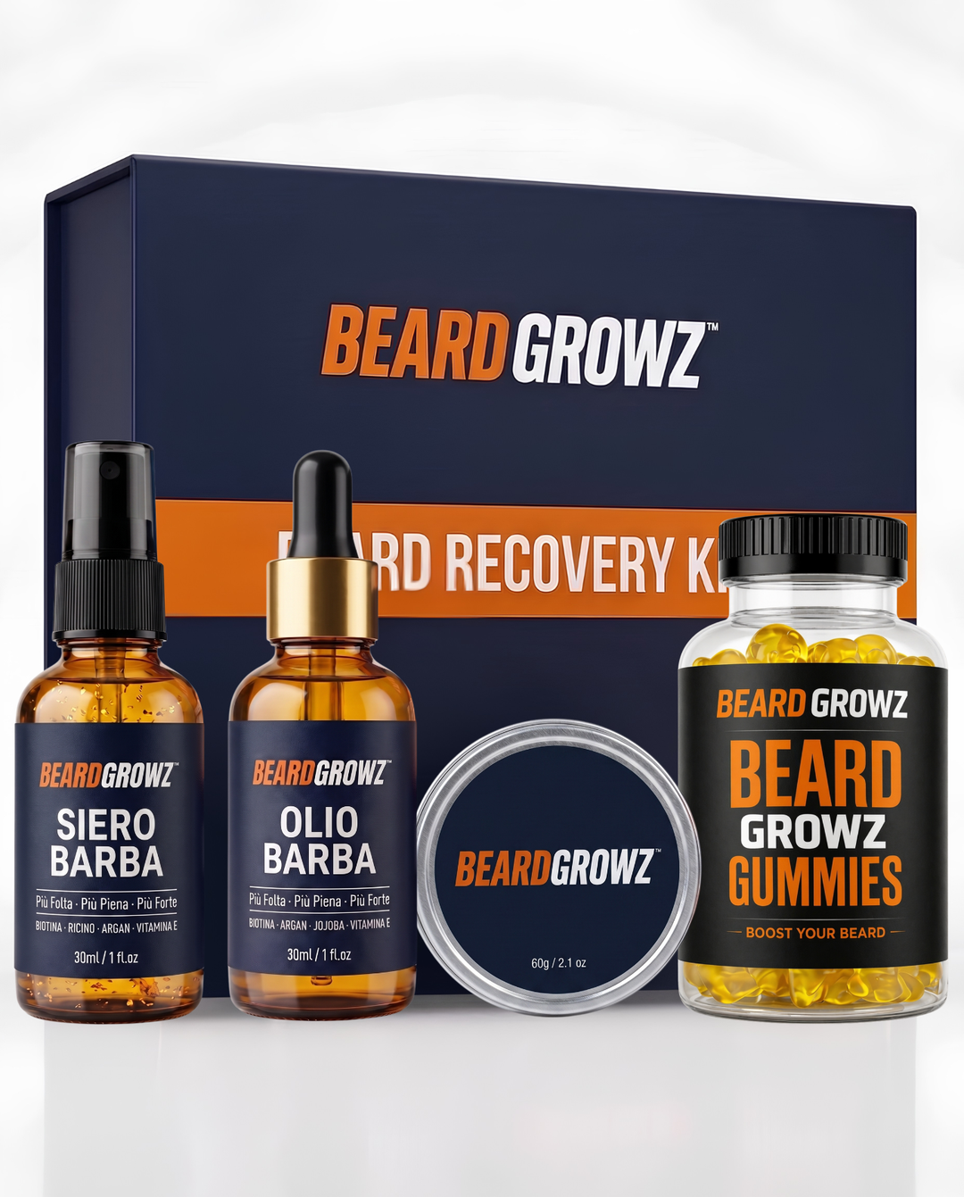 Beard Recovery Kit BeardGrowz — siero, olio, balsamo, gummies