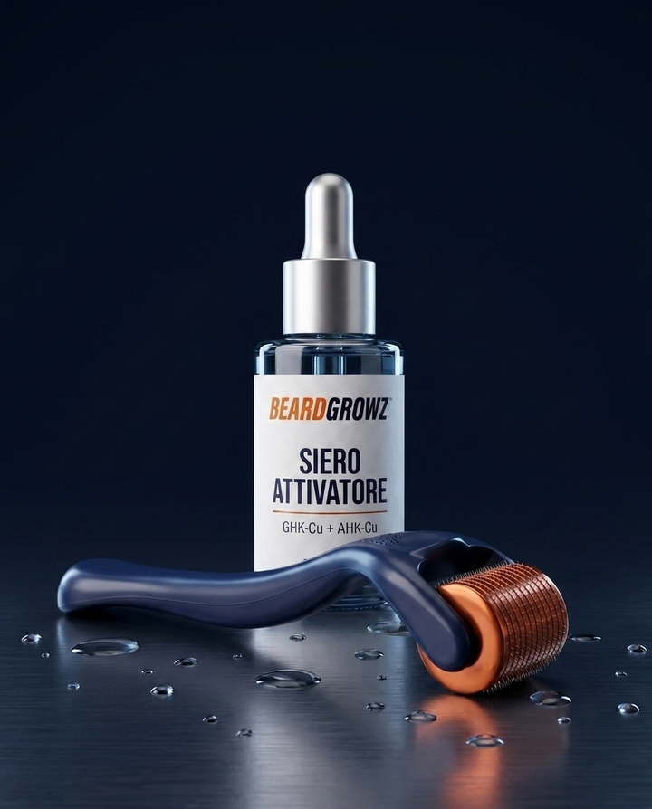 Derma roller e Siero Attivatore ai peptidi di rame BeardGrowz su fondo navy
