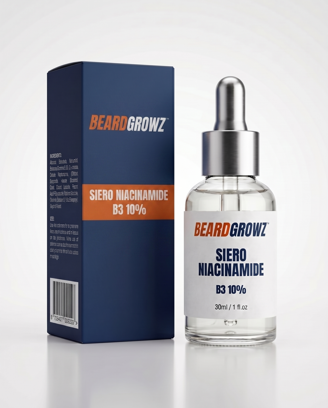 Siero Niacinamide B3 10% - box navy logo e banda piu in alto, boccetta