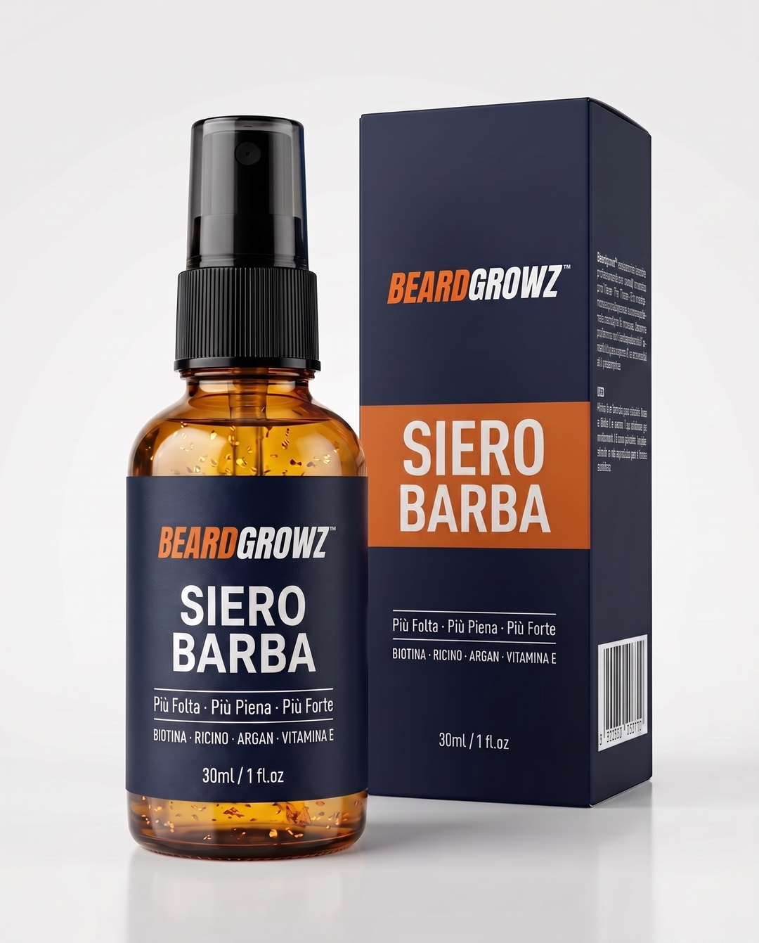 Siero Crescita Barba - box navy stile catalogo, boccetta ambrata, logo font corretto, SIERO BARBA banda arancione